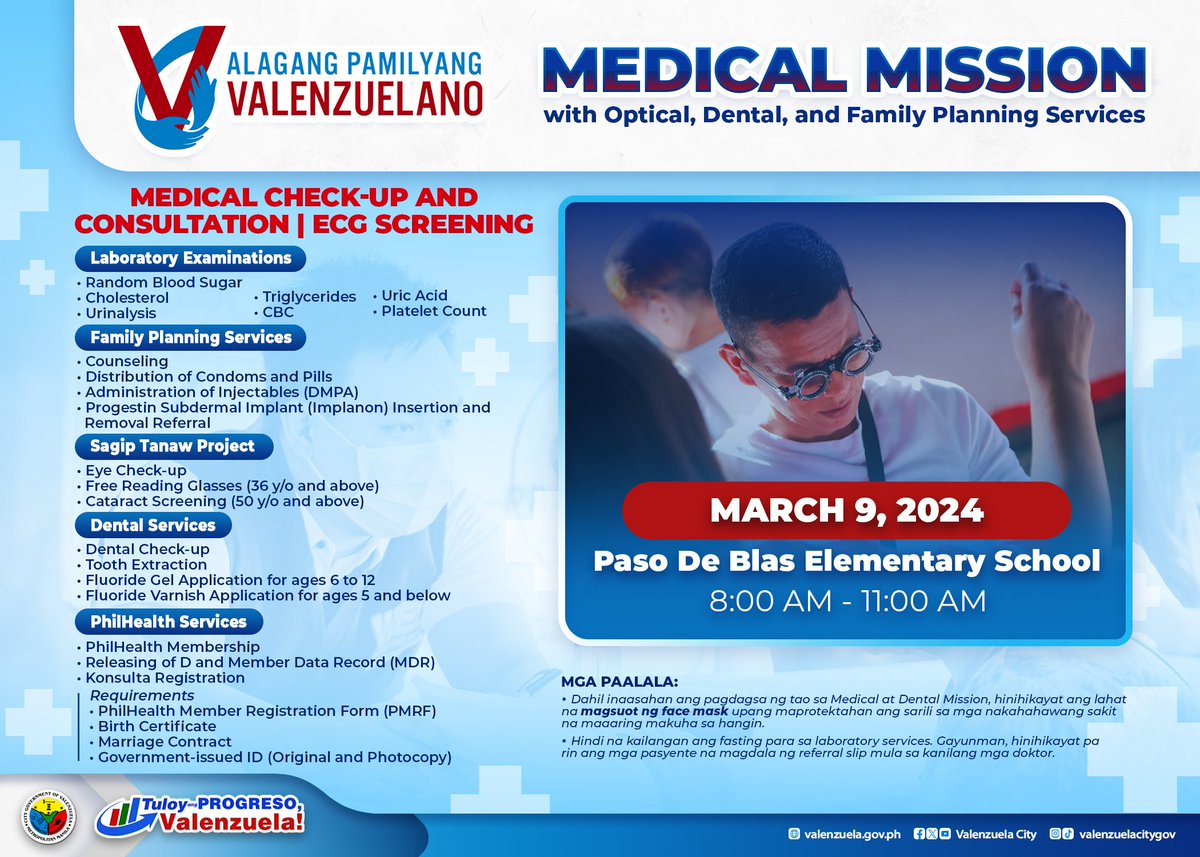 valenzuelacity's tweet photo. Sa ating lungsod, alaga ang kalusugan ng bawat #PamilyangValenzuelano!

Ang ating susunod na Alagang Pamilyang Valenzuelano Medical Mission ay gaganapin sa Sabado, March 9, 2024, sa Paso De Blas Elementary School.

Para sa iba pang mga iskedyul, manatiling nakaantabay sa mga anunsyo sa ating official social media accounts.