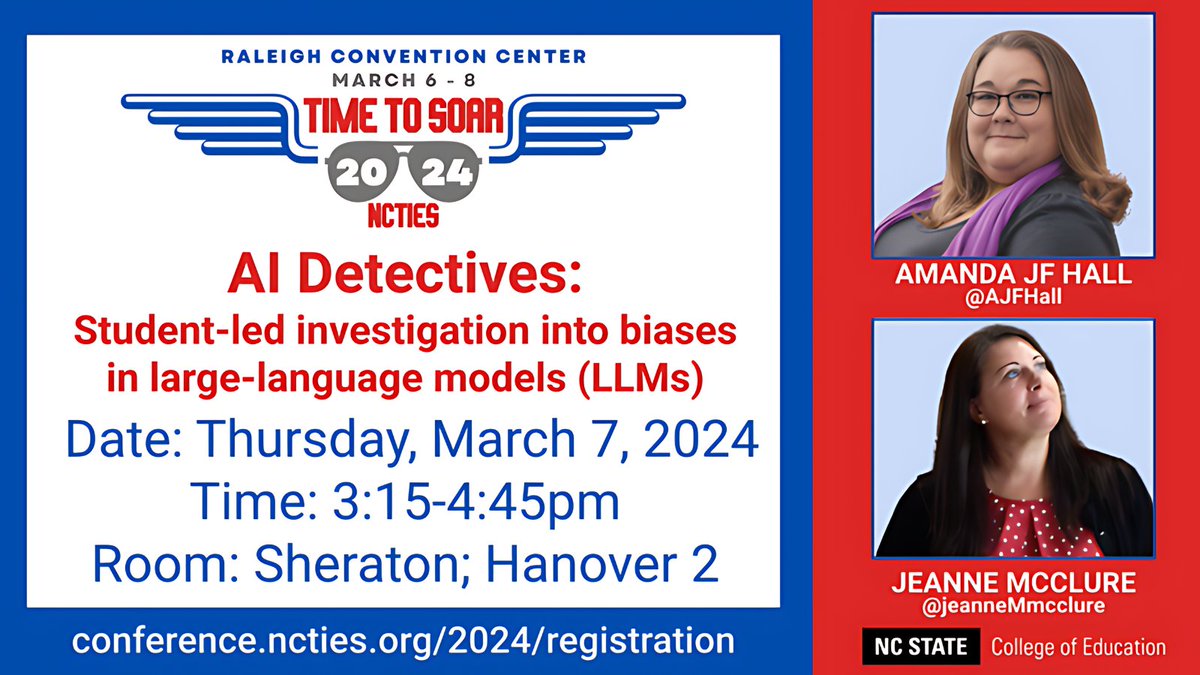 AJFHall's tweet photo. TOMORROW @jeanneMmcclure and I will SOAR at @ncties #NCTIES24! Join us at 3:15p in the Sheraton Hanover 2 Room to workshop INVESTIGATIVE lessons that will get students thinking critically about the responses they get from LLMs! #AIEducation #DigCit #DoNotFearAI https://t.co/XCOQUW5643