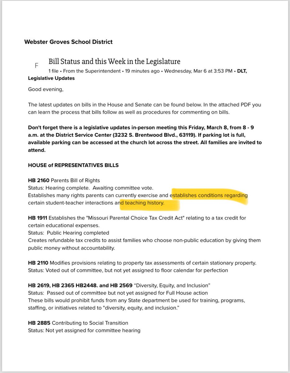 WGTransparency's tweet photo. Webster Groves School District Superintendent John Simpson sent out a legislative update on bills that will impact public schools.
He believes that #HB2160 #MOLeg “establishes conditions regarding…teaching history.”
@BenBakerMO why would @WGSD_Supt say you’re blocking history? https://t.co/RLdRnKno5Y