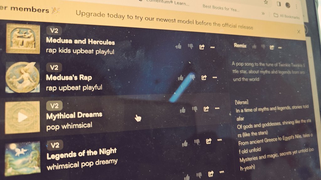 sasdart's tweet image. Elevate your classroom with the power of AI! Thanks @suno_ai_ , my students are exploring myths and legends through captivating songs generated by this innovative platform. Engaging, educational, and loads of fun! #AIineducation #sunoAI #EDTech