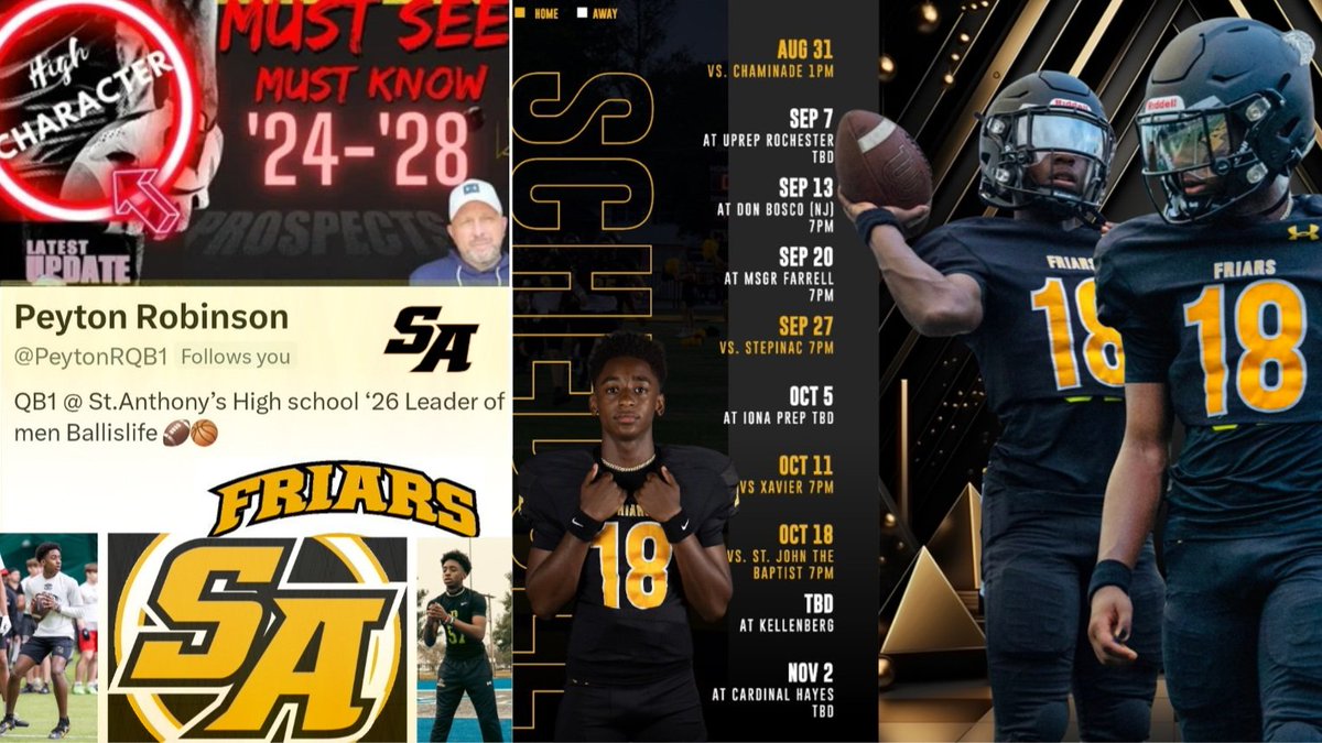 Excited to see this young man at the HERO 7v7 in Virginia this weekend, playing for @Prolific7v7 === 📢 New Addition: High Character '𝟮𝟰-'𝟮𝟴 𝗠𝘂𝘀𝘁 𝗦𝗲𝗲 𝗠𝘂𝘀𝘁 𝗞𝗻𝗼𝘄 𝗣𝗿𝗼𝘀𝗽𝗲𝗰𝘁 𝗟𝗶𝘀𝘁 @PeytonRQB1 === 2026 Peyton Robinson Quarterback / 6'0 165 St. Anthony's…