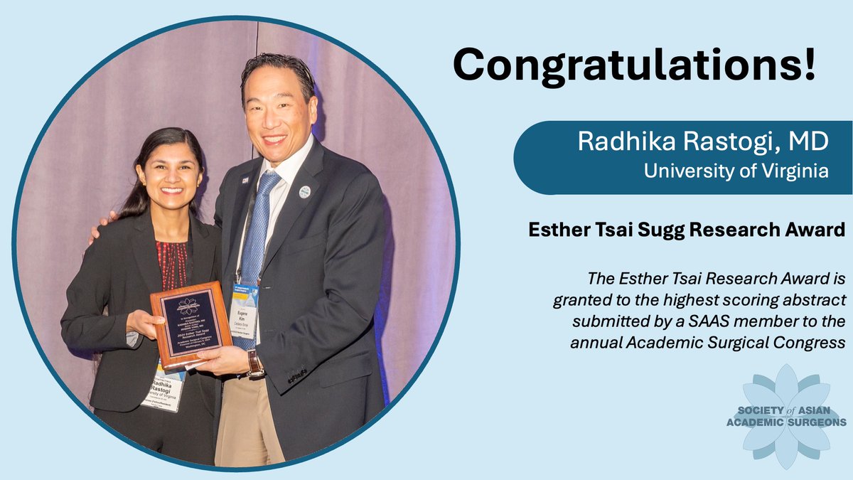 Congratulations to @RRastogiMD from @UVASurgery who received the @AsianAcadSurg Esther Tsai Sugg Research Award! This research award is given to the highest scoring abstract from an @AsianAcadSurg member for @AcademicSurgery @UnivSurg #ASC2024!