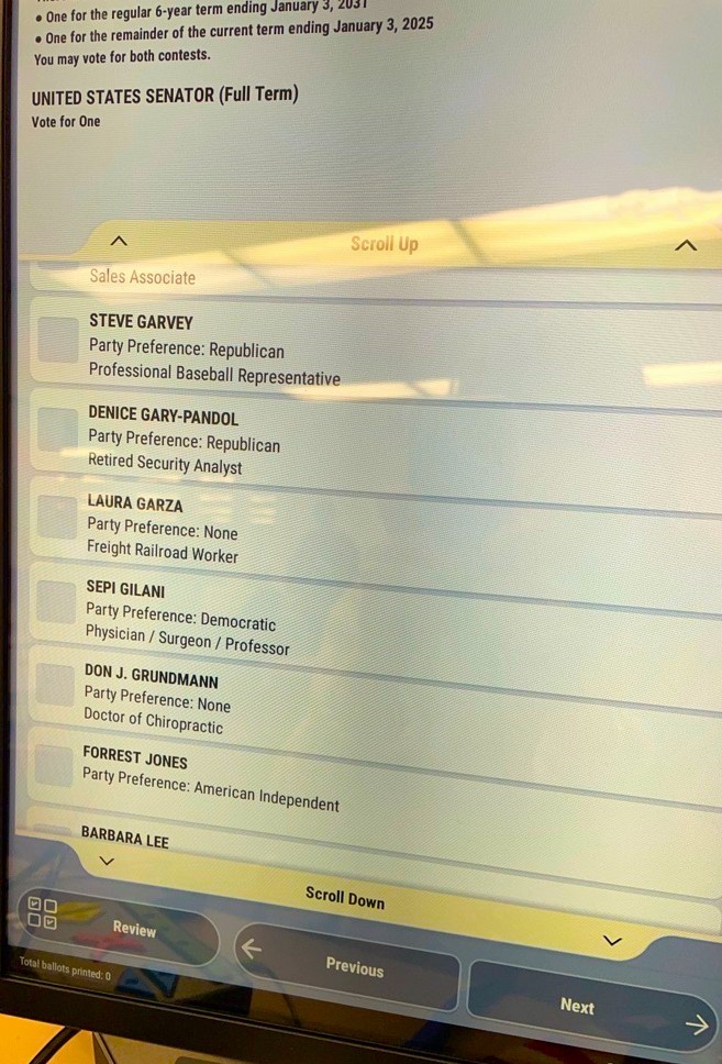 smcacre's tweet photo. @smcvote Ballot Marking Tablets showed all candidates for U.S. Senate as expected. If you have any further questions, please visit us at 40 Tower Road for a demonstration, call 650-312-5222, or email registrar@smcacre.gov. https://t.co/F5WtcHncGq