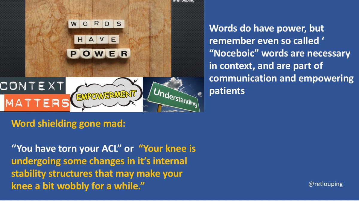 As an advocate for choosing our clinical messaging wisely, but “word shielding “ can go too far. We talk about exposing people to load that hurt, shouldn’t we do the same with words in context? CONTEXT is important.
When discussing MRI reports the CONTEXT of the words matters
🧵