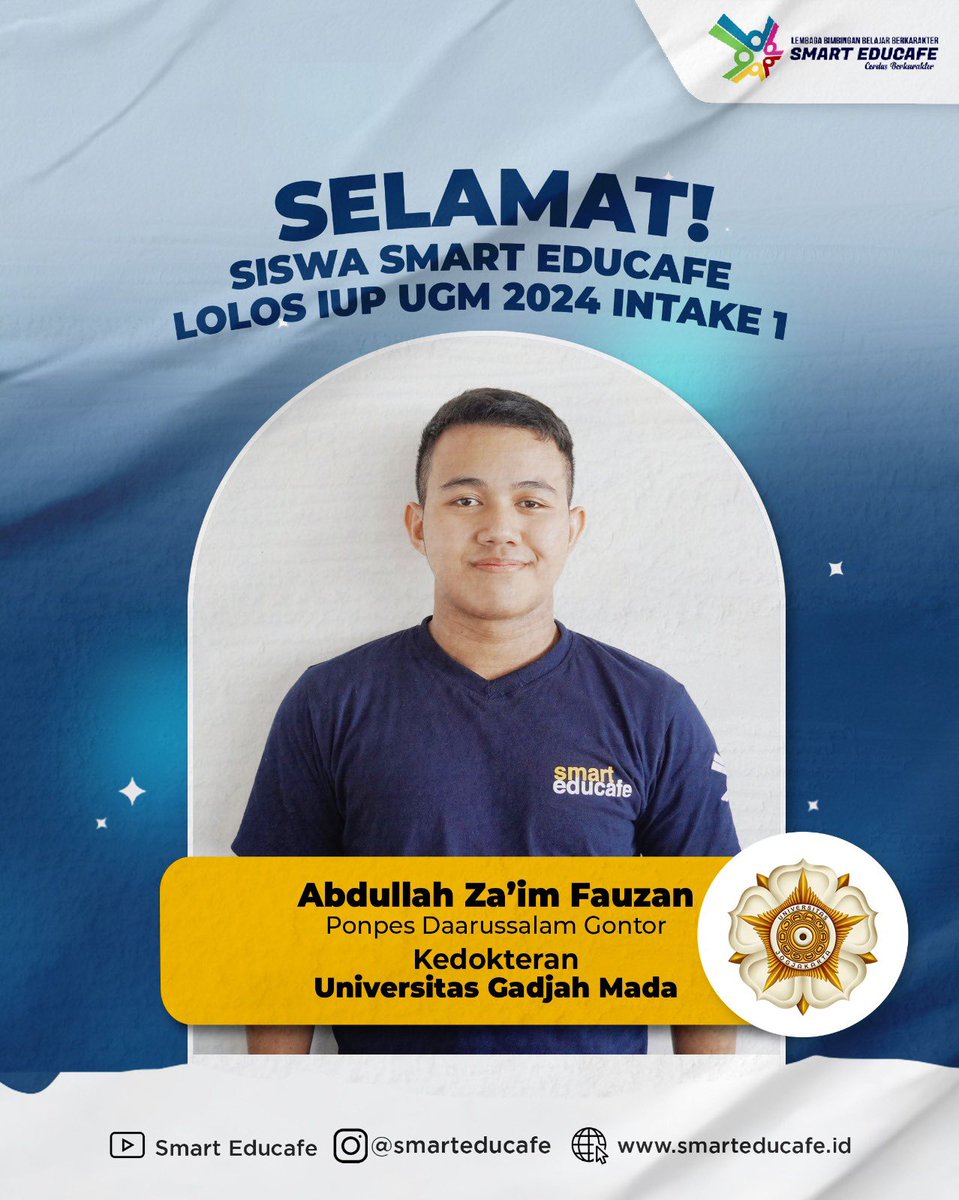 Alhamdulillah, selamat untuk siswa Smart Educafe yang lolos IUP UGM 2024 intake 1 prodi Pendidikan Dokter. Semoga makin sukses 🔥
#iupugm #iupfkkmk #bimbelkedokteran