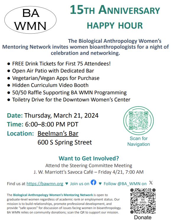 Are you a woman in biological anthropology attending #AABA2024? Meet us at our annual happy hour! #BAWMN2024 🐒💀🦷🧬👩‍🔬👩🏽‍🔬👩🏿‍🔬