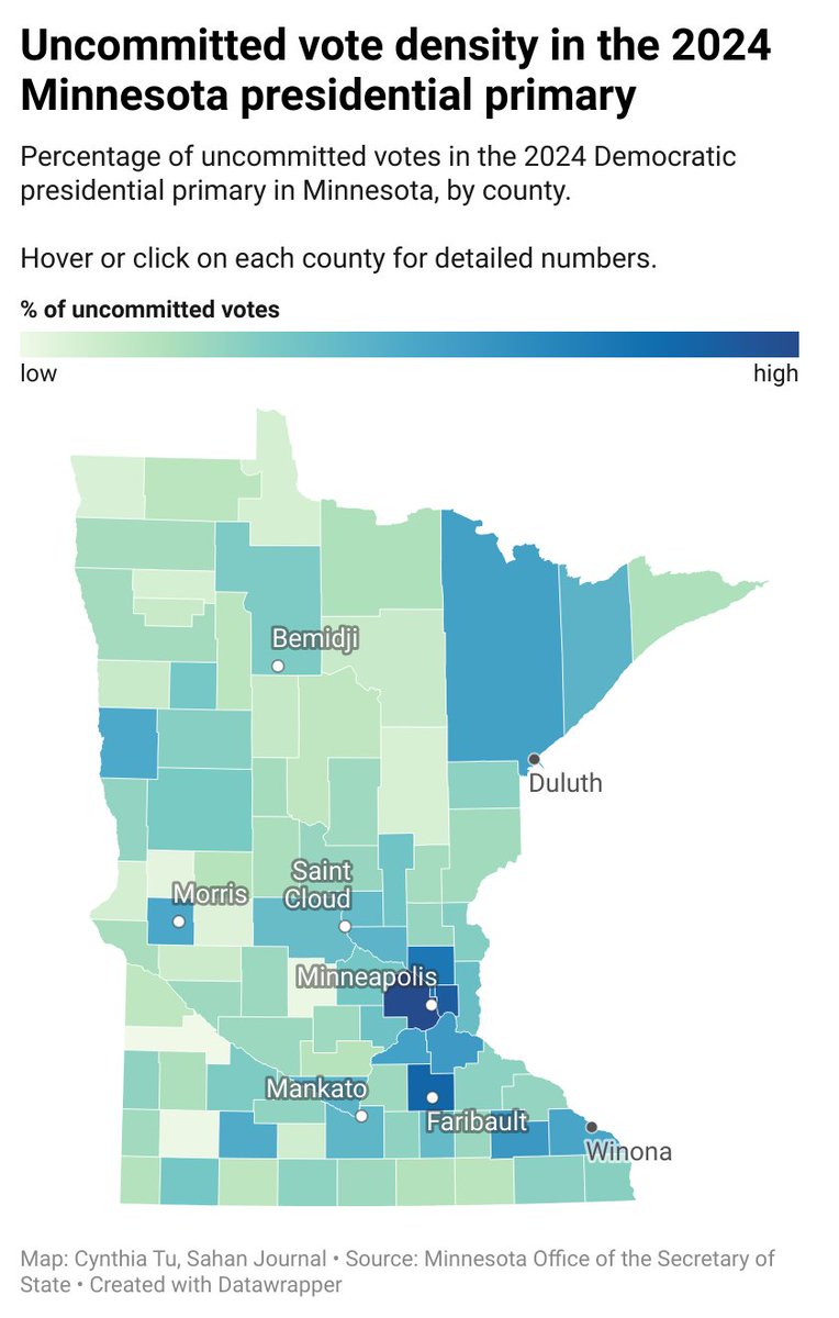 Minnesota had the highest percentage of uncommitted voters on #SuperTuesday2024. Check out how your county and ward voted with our interactive maps: sahanjournal.com/democracy-poli…