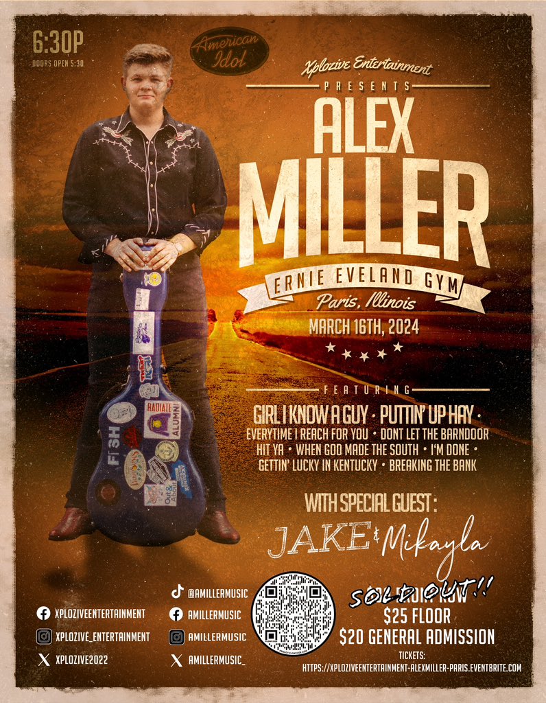 We are only a week away from welcoming @amillermusic_ and @JakeHoultMusic to Ernie Eveland Gym in Paris, IL. Tickets on sale now: eventbrite.com/e/alex-miller-…