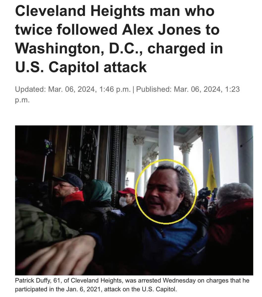 cleveland.com/court-justice/… “CLEVELAND, Ohio — A Cleveland Heights man who twice followed conspiracy theorist Alex Jones to Washington, D.C., was arrested Wednesday on charges that he participated in the Jan. 6, 2021, attack on the U.S. Capitol…”