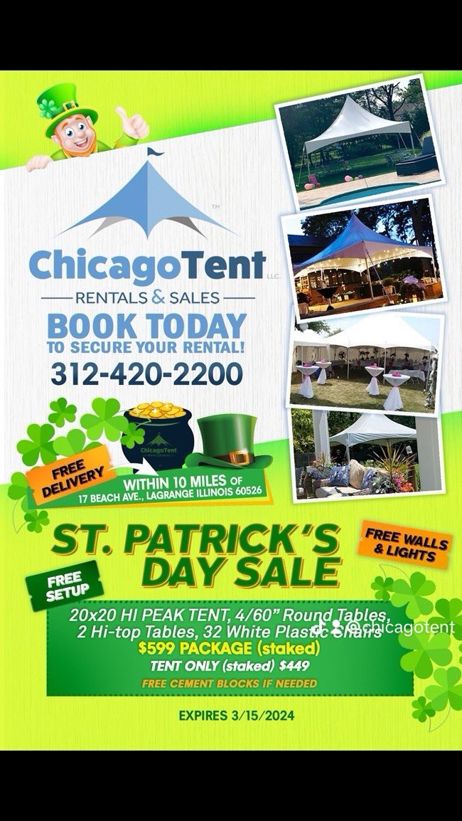 zzaiyash's tweet photo. Great deal… St Patrick’s 💚🍀🇮🇪 Day Special 20x20 Tent, tables, chairs, lights, weights, we will even through in the walls and free delivery all for only $599 offer expires 3/15/2024 https://t.co/ny5NBndzbp