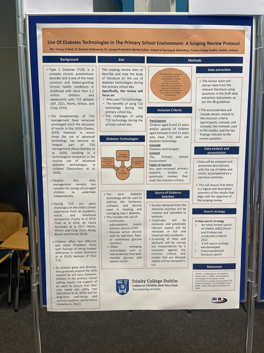 Delighted to display my Scoping Review Protocol published by @JBIEBHC at the Trinity Health and Education International Research Conference 2024 @TCD_SNM on The use of Diabetes Technology in the Primary School Environment, as part of my PhD. @EleHollywood