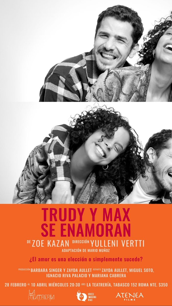 ¡Les invito al teatro! Todos los miércoles "TRUDY Y MAX SE ENAMORAN" de Zoe Kazan a las 20:30 hrs en #LaTeatrería. Un elenco espectacular, una comedia romántica súper divertida (y triste a la vez) y mucha risa. Les espero en el #teatro.
#TrudyYMaxSeEnamoran
#TrudyYMax