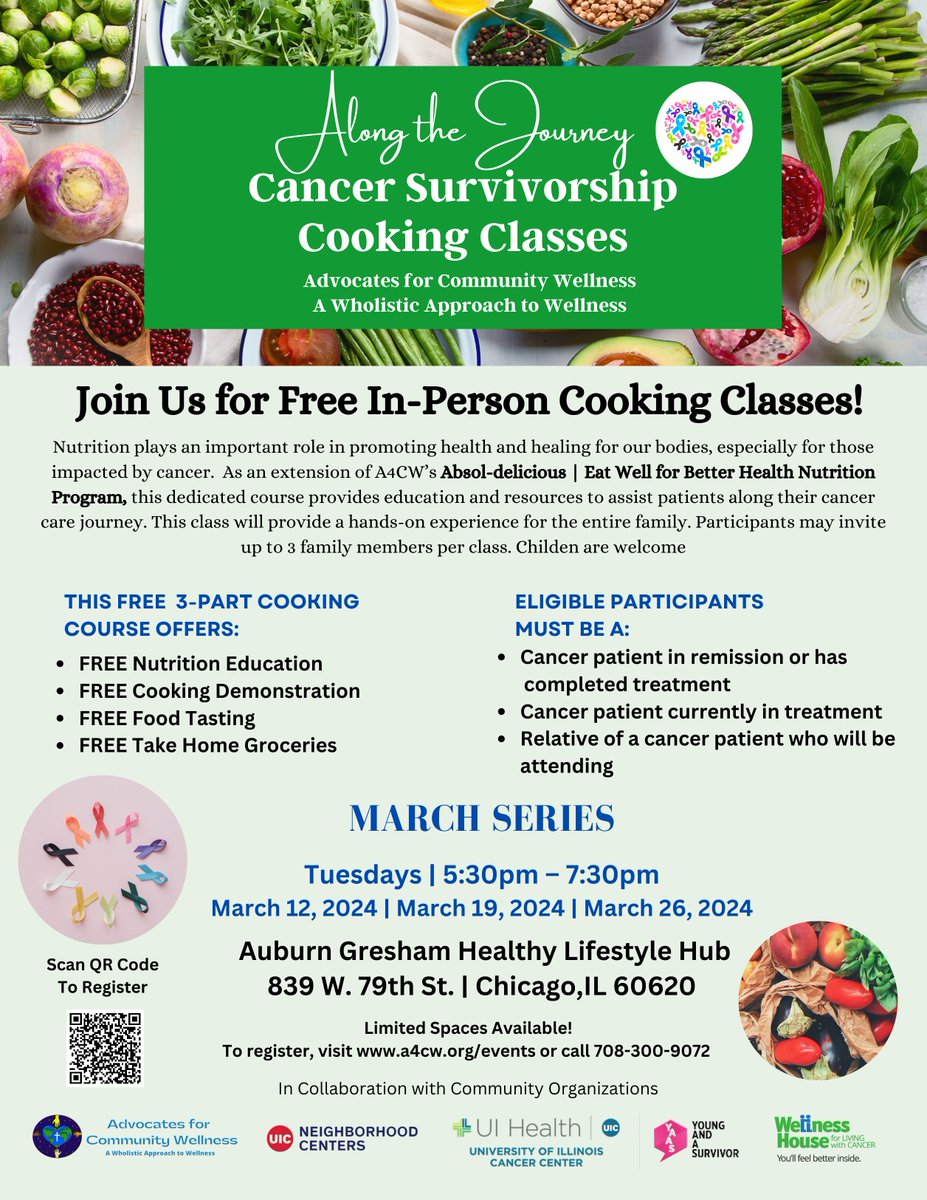 REGISTER NOW! Cooking classes for cancer survivors and their families, includes cooking demos, tasting, and recipes (with groceries) to take home. Link in bio.