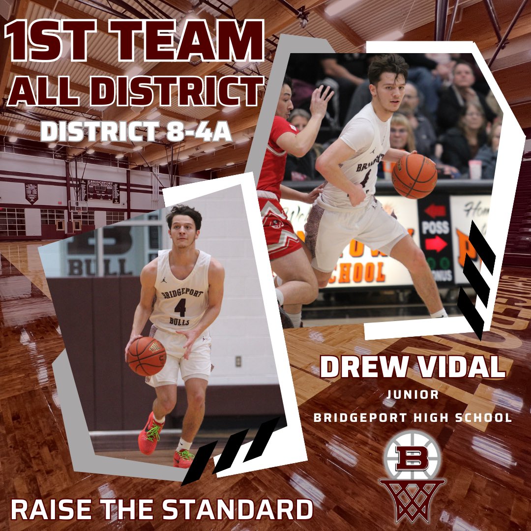 Congrats to Junior Drew Vidal <a href="/The_kelvinman/">Drew Vidal</a> on being selected 8-4A 1st Team All District. Drew averaged 8.5 PPG | 4.3 REB | 2.5 AST | 1.5 STL in District 
#RaiseTheStandard

<a href="/Bulls_Sissies/">Bridgeport HS Athletics</a> <a href="/BridgeportISD/">Bridgeport ISD</a> <a href="/bridgeport_BHS/">Bridgeport High School</a> <a href="/WCMSports/">WCMSports</a>
