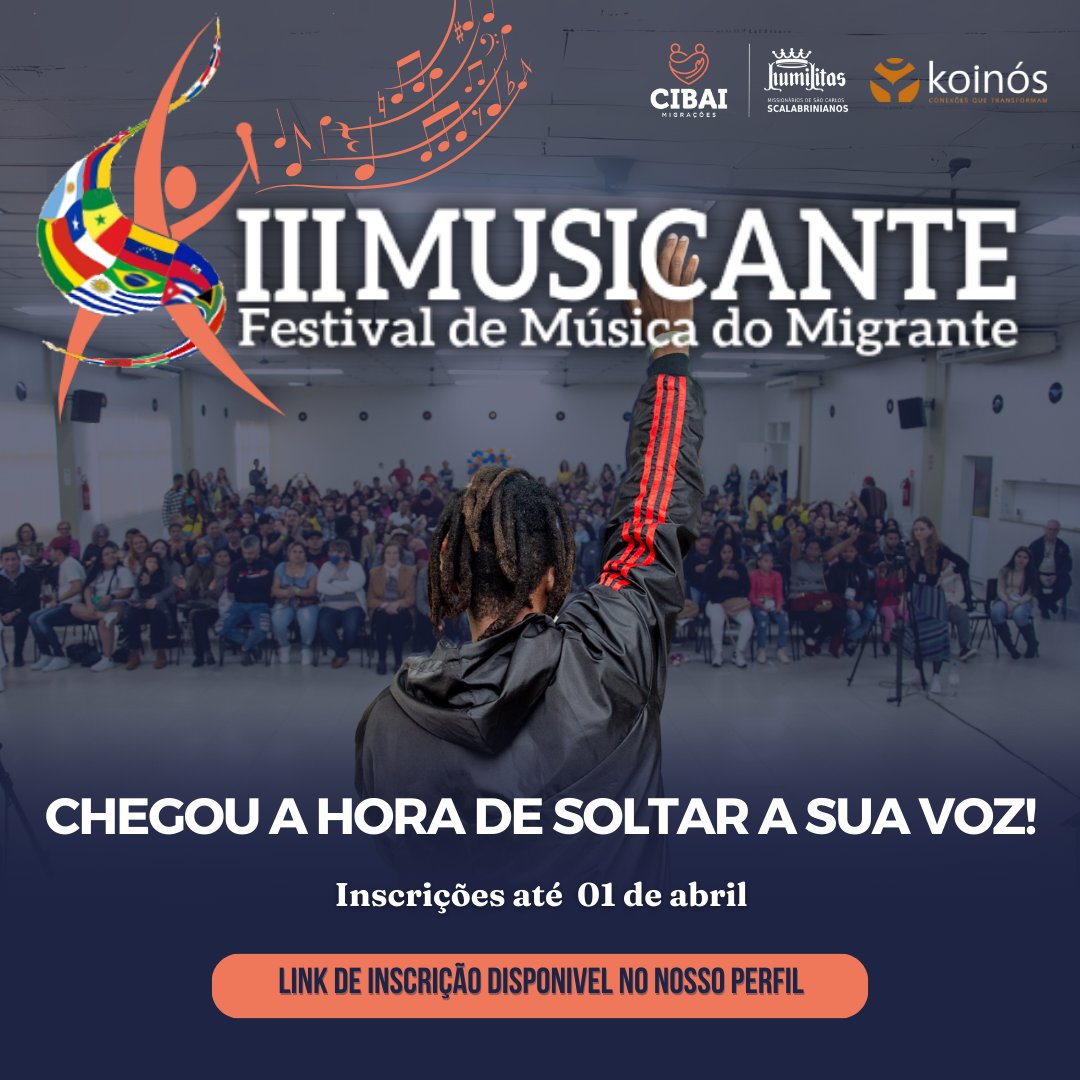 MMigracoes's tweet photo. 🎶III MUSICANTE - Festival de Música Migrante finalmente chegou! 🎤

Se você é um #migrante ou #refugiado no #Brasil com #talentomusical, não perca a chance de participar! Categorias para todas as idades!
Saiba mais
https://t.co/fgbtTlyJhr https://t.co/Stk7OG13uU