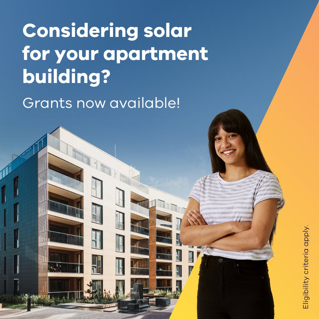 🏢Round 1 Applications for the Solar for Apartments Program are now available until 1 April 2024. Eligible applicants can receive funding of up to $140,000 for #solar PV installation on apartment buildings. That's up to 50 apartments ($2800 per apartment). solar.vic.gov.au/apartments