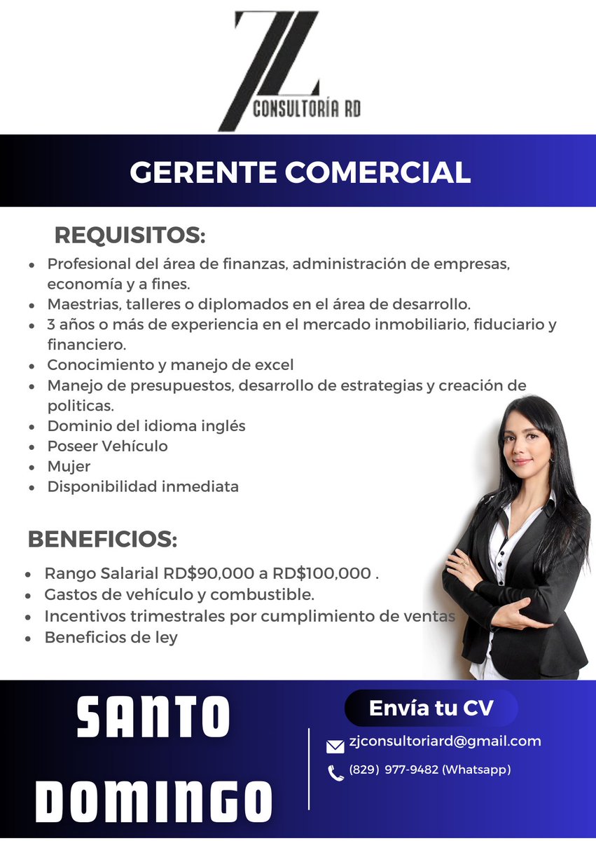 zujav's tweet photo. Estamos solicitando Gerente Comercial para Santo Domingo.

Envíanos tu cv si cumples con los requisitos a zjconsultoriard@gmail.com

#SantoDomingo #empleo #vacantes #fiduciaria #agencia https://t.co/hFqoREzTR9