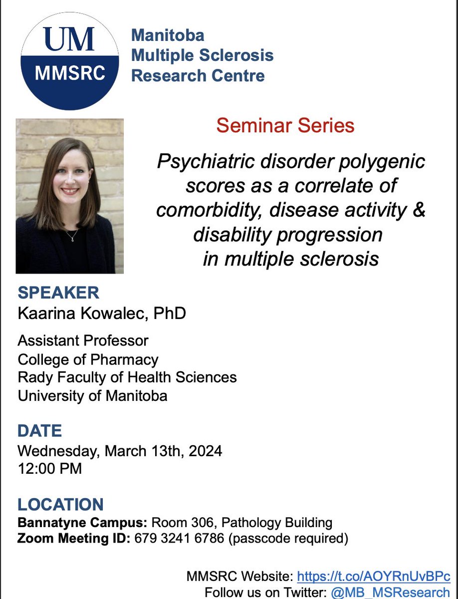 Manitoba MS Research Centre (@mb_msresearch) on Twitter photo Join us next Wednesday for a seminar by <a href="/KaarinaKowalec/">Dr. Kaarina Kowalec π§¬π©βπ¬</a> on the use of psychiatric polygenic scores in association with MS outcomes. <a href="/UofM_Pharmacy/">U of M Pharmacy</a> <a href="/UM_RadyFHS/">U of M Rady Faculty</a> Join us next Wednesday for a seminar by <a href="/KaarinaKowalec/">Dr. Kaarina Kowalec π§¬π©βπ¬</a> on the use of psychiatric polygenic scores in association with MS outcomes. <a href="/UofM_Pharmacy/">U of M Pharmacy</a> <a href="/UM_RadyFHS/">U of M Rady Faculty</a>