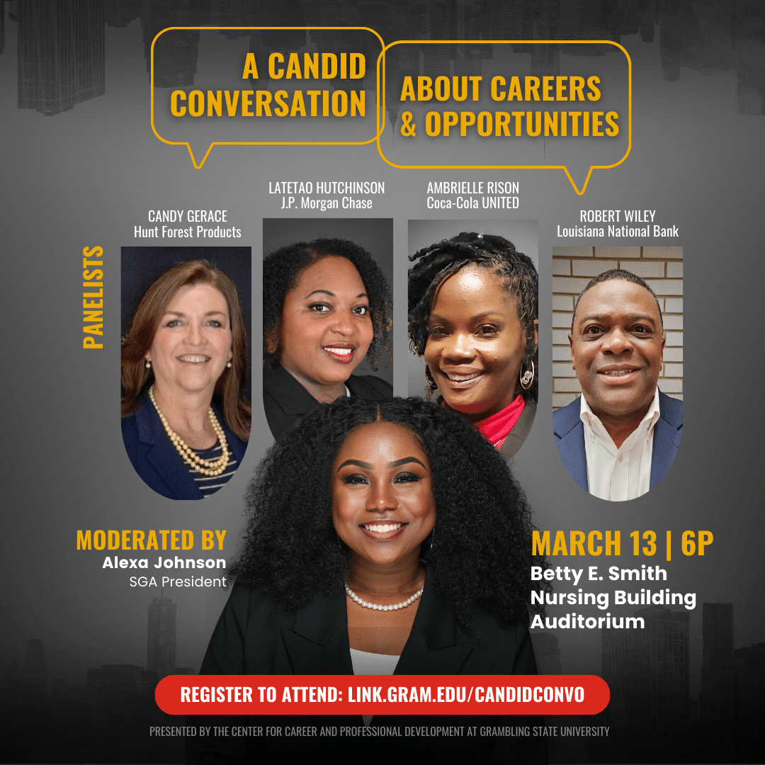 Grambling1901's tweet photo. Hey Tigers, the annual Career Fair is on March 14 at 11am. Before that, join us on March 13 for a candid conversation about careers with our panel &amp; host Alexa Johnson, SGA Prez. Register for the career fair at https://t.co/etN98ySxze for Candid Convos at https://t.co/1RubuFjp3h. https://t.co/m1XDEemYDq
