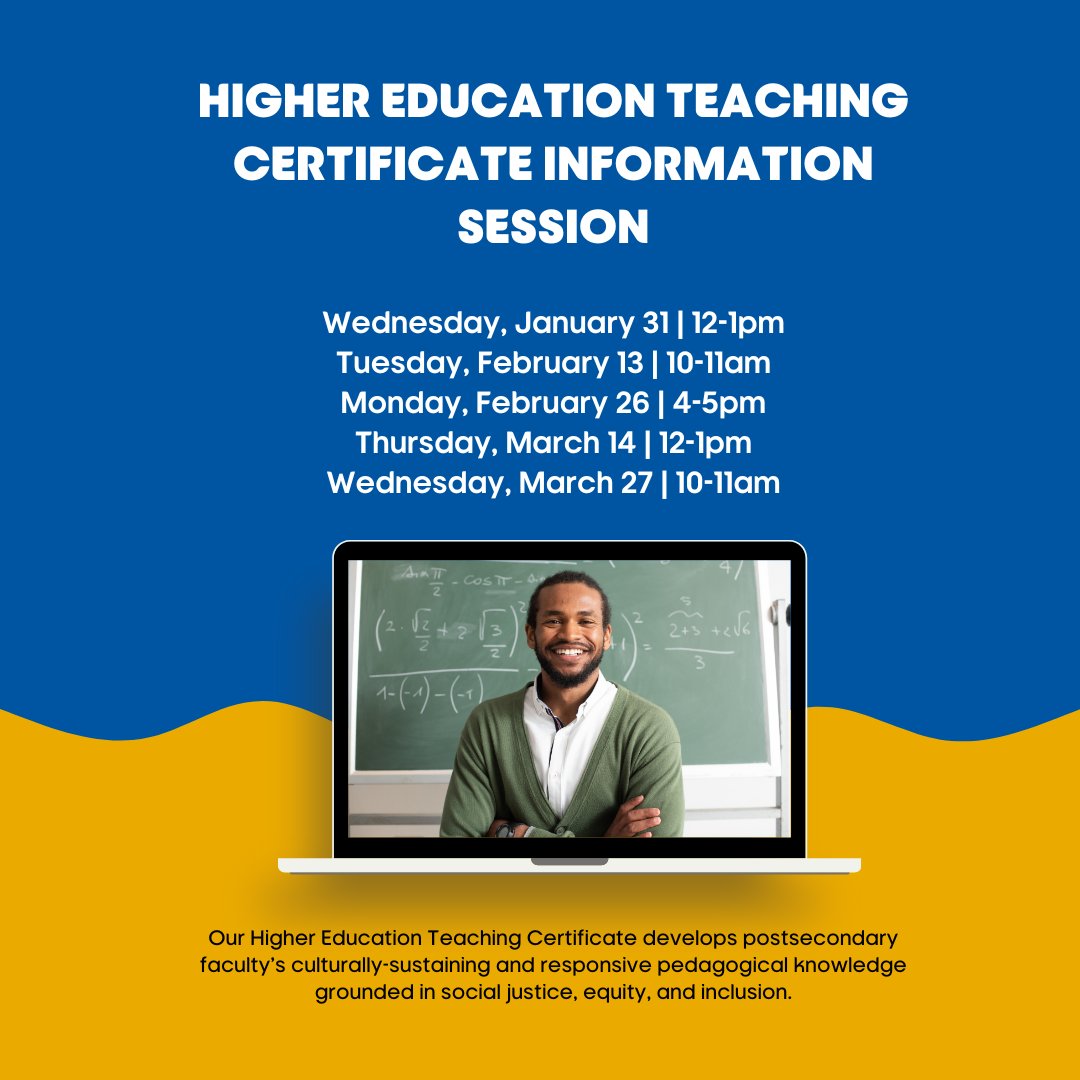 sjsu_pro's tweet image. Join our Higher Education Teaching Certificate (HETC) info sessions and talk to our faculty! Registration link okt.to/iguPM5
Tuesday, February 13 | 10-11am
Monday, February 26 | 4-5pm
Thursday, March 14 | 12-1pm
Wednesday, March 27 | 10-11am