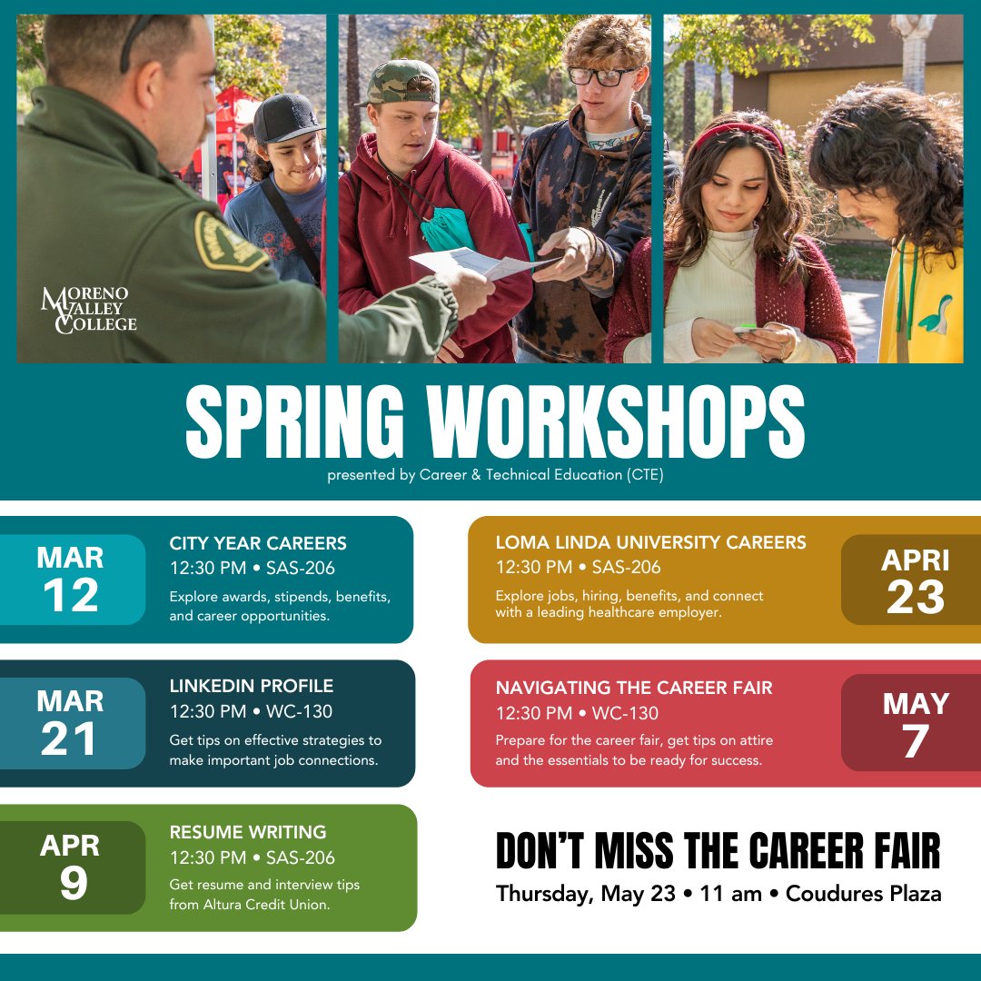 Don't miss out on our exclusive workshops starting March 12. These workshops are designed to prepare you for the upcoming Spring Career Fair happening May 23. Gear up for success! 
.
.
.
#spring #careerfair #morenovalleycollege #mvc #careerready