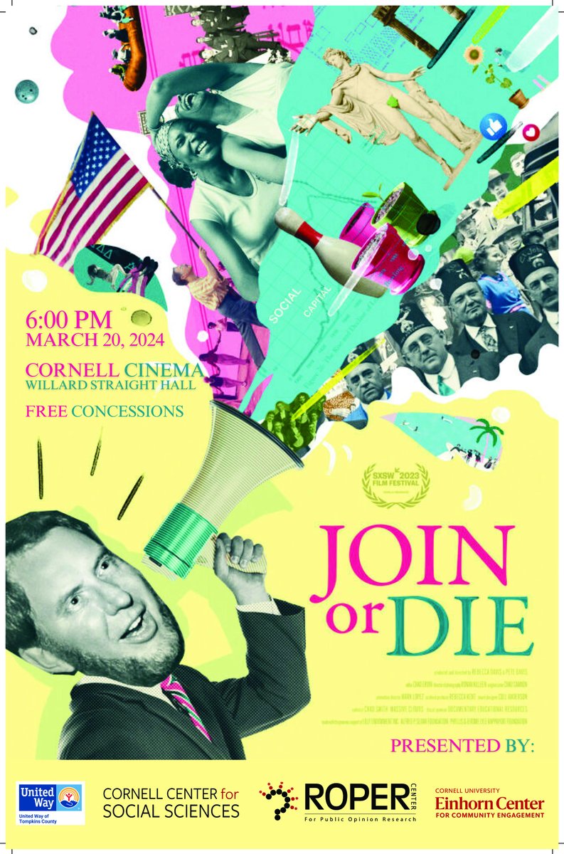 A free show of @‌JoinOrDieFilm at @‌CornellCinema, on March 20th, 6 PM, tells the story of renowned political scientist Robert Putnam and his work on 'social capital.” Meet with reps from United Way of Tompkins County to get involved in our community. bit.ly/49xiDTv