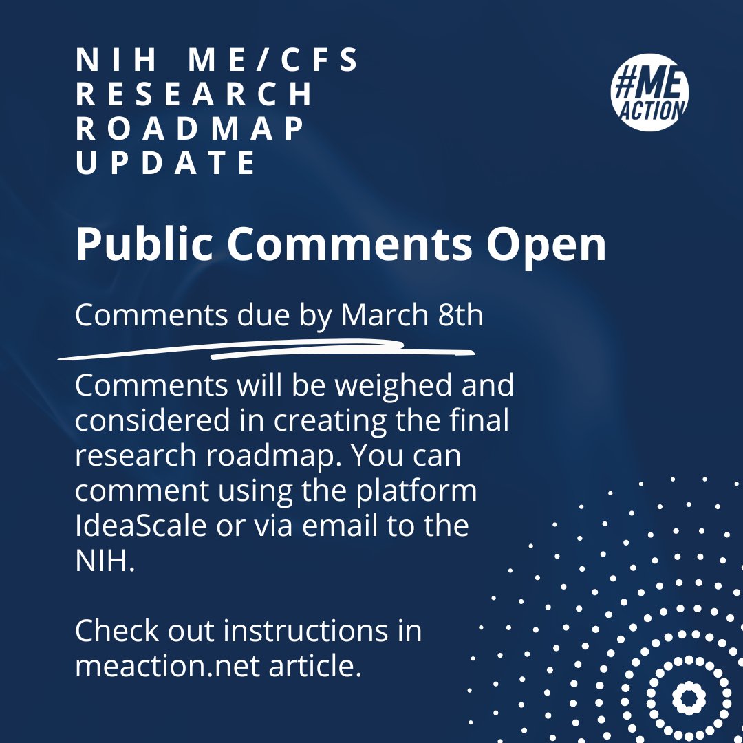 MEActNet's tweet photo. REMINDER - DEADLINE MARCH 8th! The NIH ME/CFS Research Roadmap public comment period is open until March 8th. We share the instructions for commenting as well as some background on the research roadmap and where the work is leading in this article: https://t.co/eF2iNIA0gj
#pwME https://t.co/7aM8XZU7ue