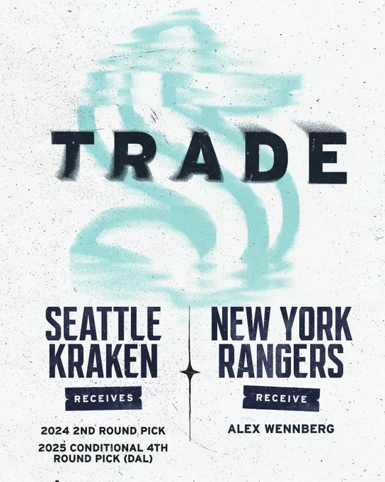 Graphic reading: TRADE: The #SeaKraken have acquired a 2024 second round pick & a 2025 conditional fourth-round pick (via DAL) from the Rangers in exchange for forward Alex Wennberg.