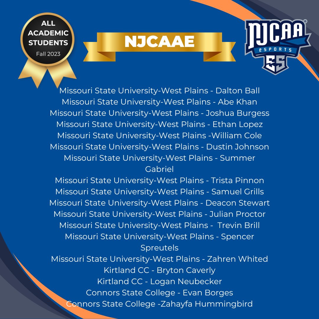 Congratulations to the #NJCAAE All-Academic students for Fall 2023! 🤩

We are so proud of these members. Keep it up!!

#officialNJCAAE #NJCAAEsports #esports #college #gaming #student