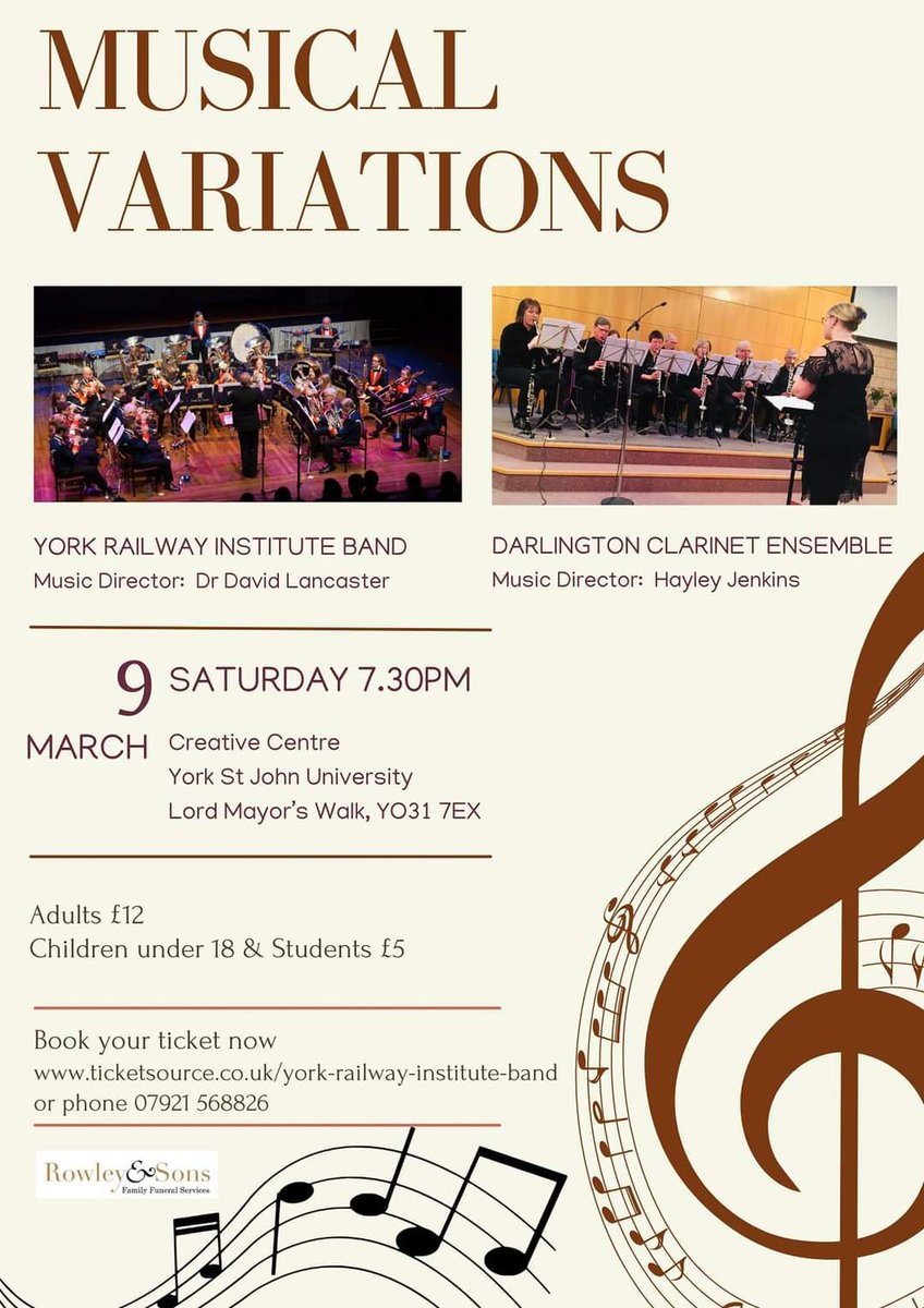 YorkRIBand's tweet photo. The programme for Saturday's concert has been revealed and it promises to be a stonker!  Darlington Clarinet Ensemble and the band will showcase music from classical to pop. Tickets still available online https://t.co/2VVkzwUTuq
and on the door. https://t.co/UX8W0BtLww