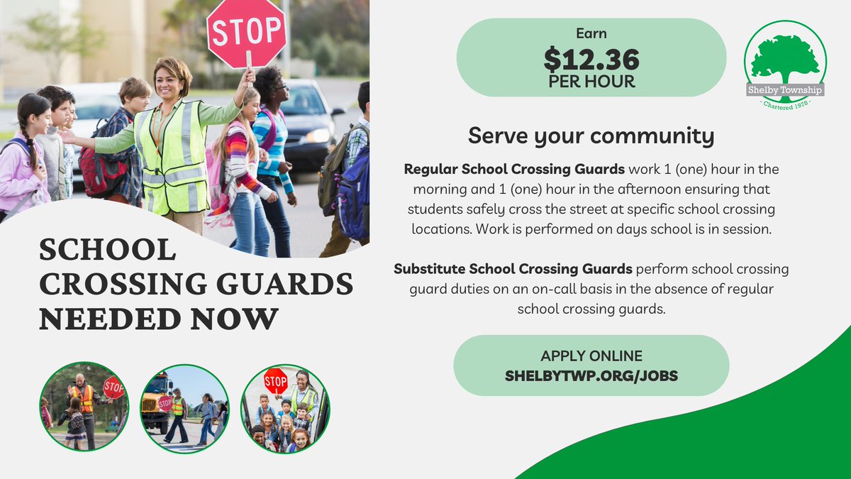 We're looking for crossing guards! Apply online at shelbytwp.org/jobs.