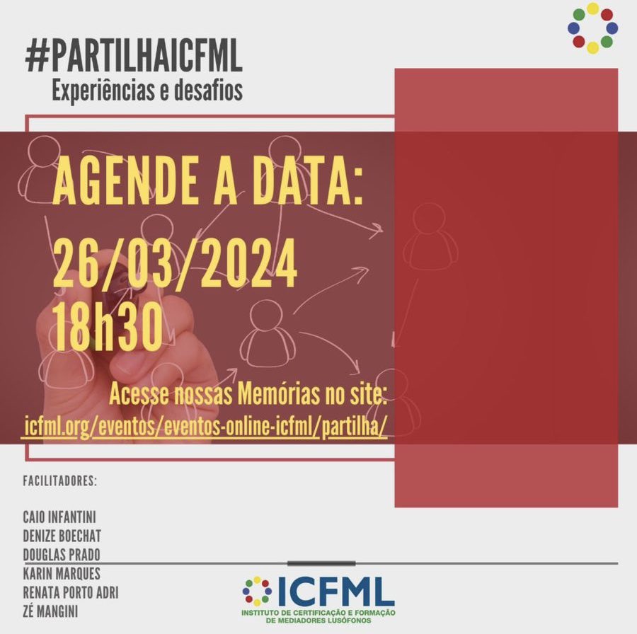 ICFMLMediation's tweet image. Olá Partilheiros!

Próxima Partilha acontecerá dia 26/03/2023 (terça-feira).
Horário: 18h30 BRA e 21h30 POR.

Acesse o link para participar: icfml.org/eventos/evento…

Venha Partilhar!

#ICFML #juntosfazemosadiferenca #partilha #desenvolvimentoprofissional