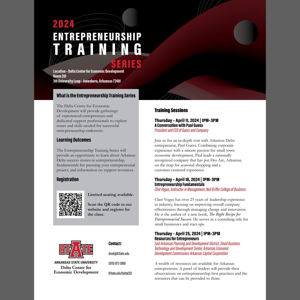 The Entrepreneurship Training Series will provide an opportunity to  learn about Arkansas Delta success stories in entrepreneurship,  fundamentals for pursuing your entrepreneurial project and information  on support resources.

Register Here:
admissions.astate.edu/register/entre…