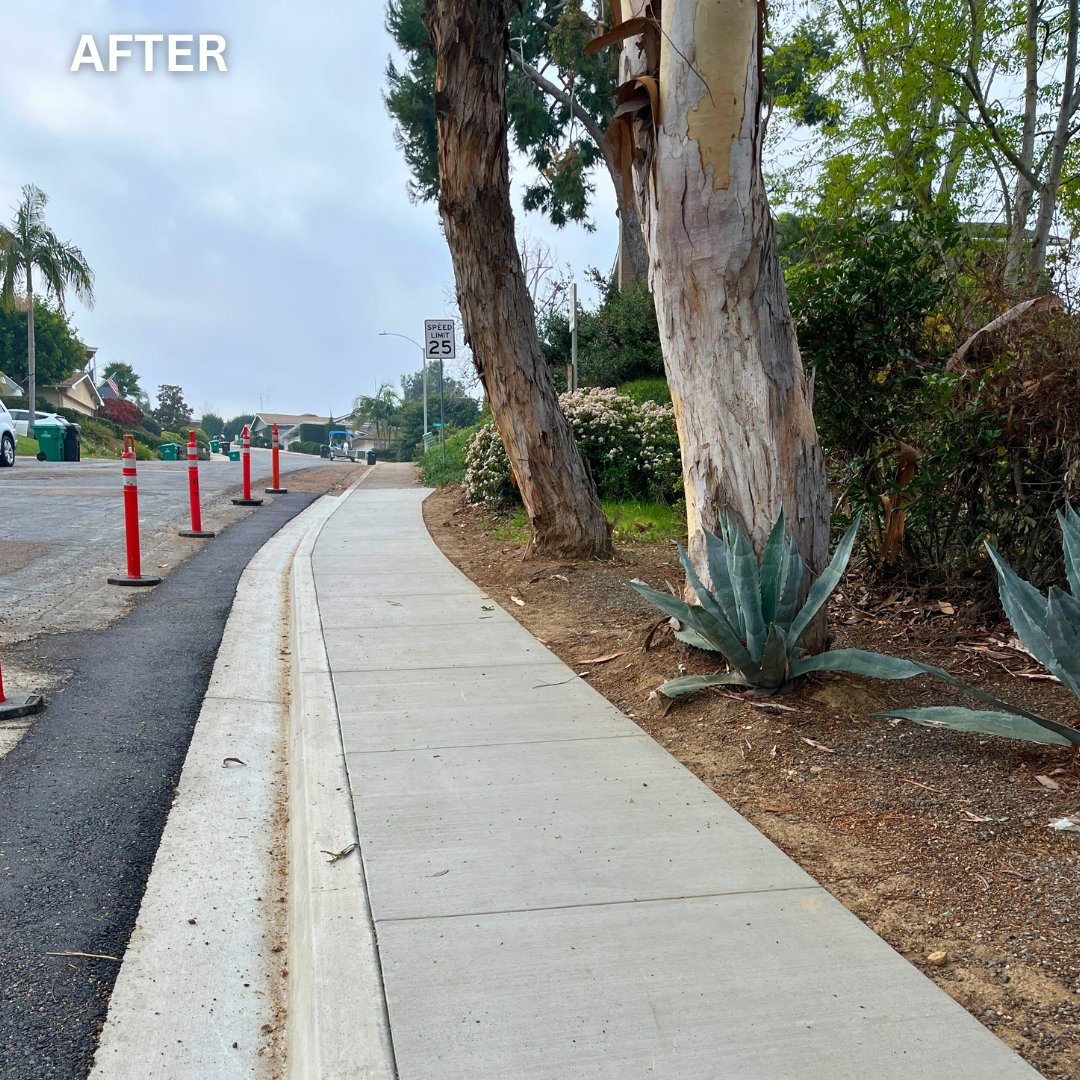 CityofSanDiego's tweet photo. Tree roots lifted and cracked the sidewalk in this #Clairemont neighborhood, posing a safety hazard. City crews were able to repair and replace this segment of sidewalk while maintaining the health of the nearby tree. #SanDiegoAtWork #SafeSidewalks https://t.co/vkFTr18Em1