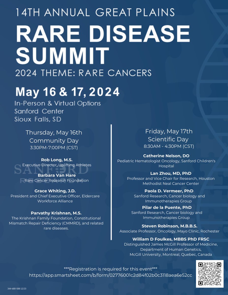 Don't forget to register for our 14th Annual Great Plains Rare Disease Summit! We will have outstanding presentations this year you will not want to miss! 

Date: May 16-17
Theme: RARE CANCERS
Registration Link: app.smartsheet.com/b/form/0277600…