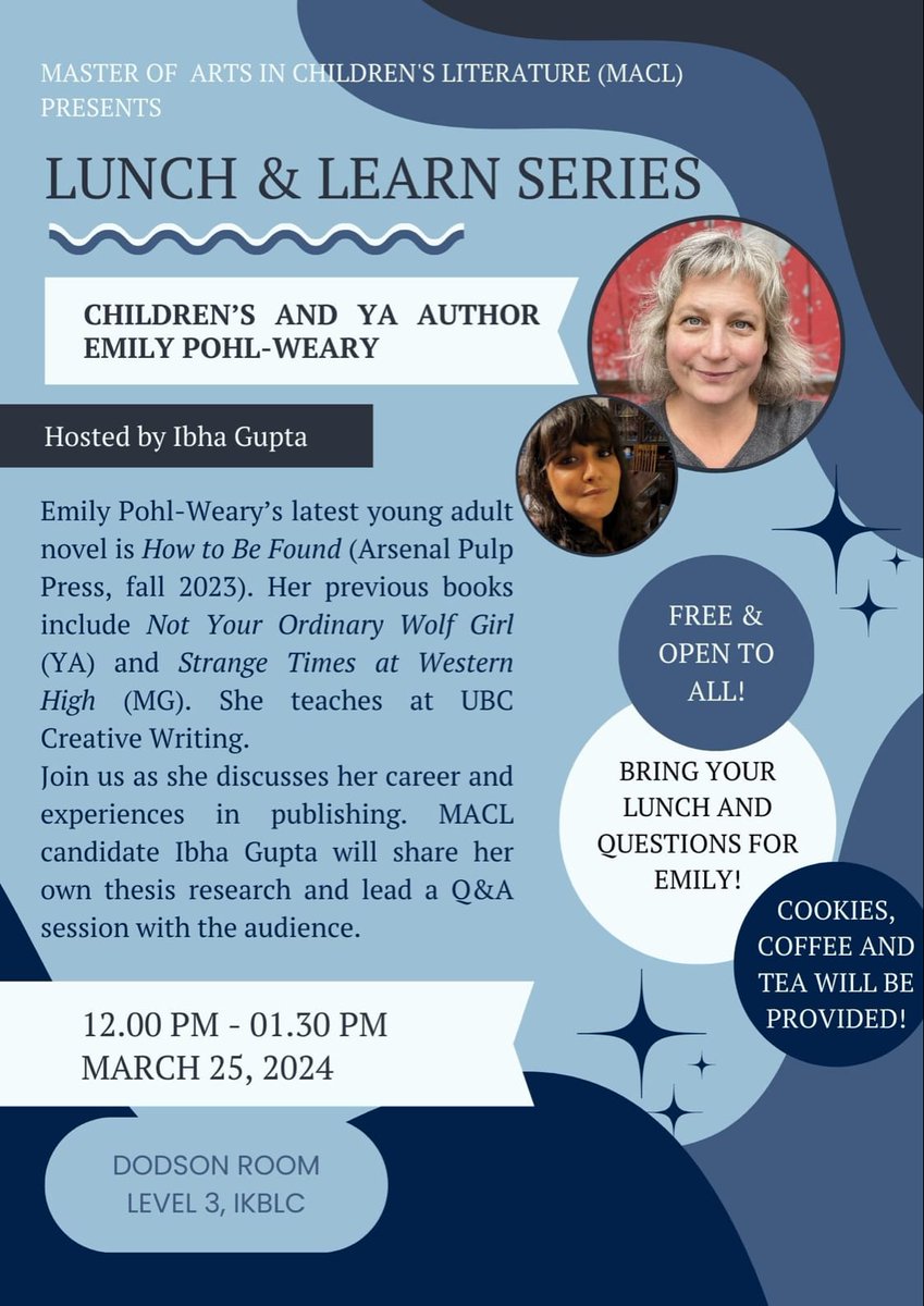 Join us for the final Lunch and Learn this winter term! 

This month as we wrap up the series, we have with us Emily Pohl-Weary, published children's author, faculty at creative writing and the chair of MACL to share her experiences and career with us. 

Fee and open-to-all!