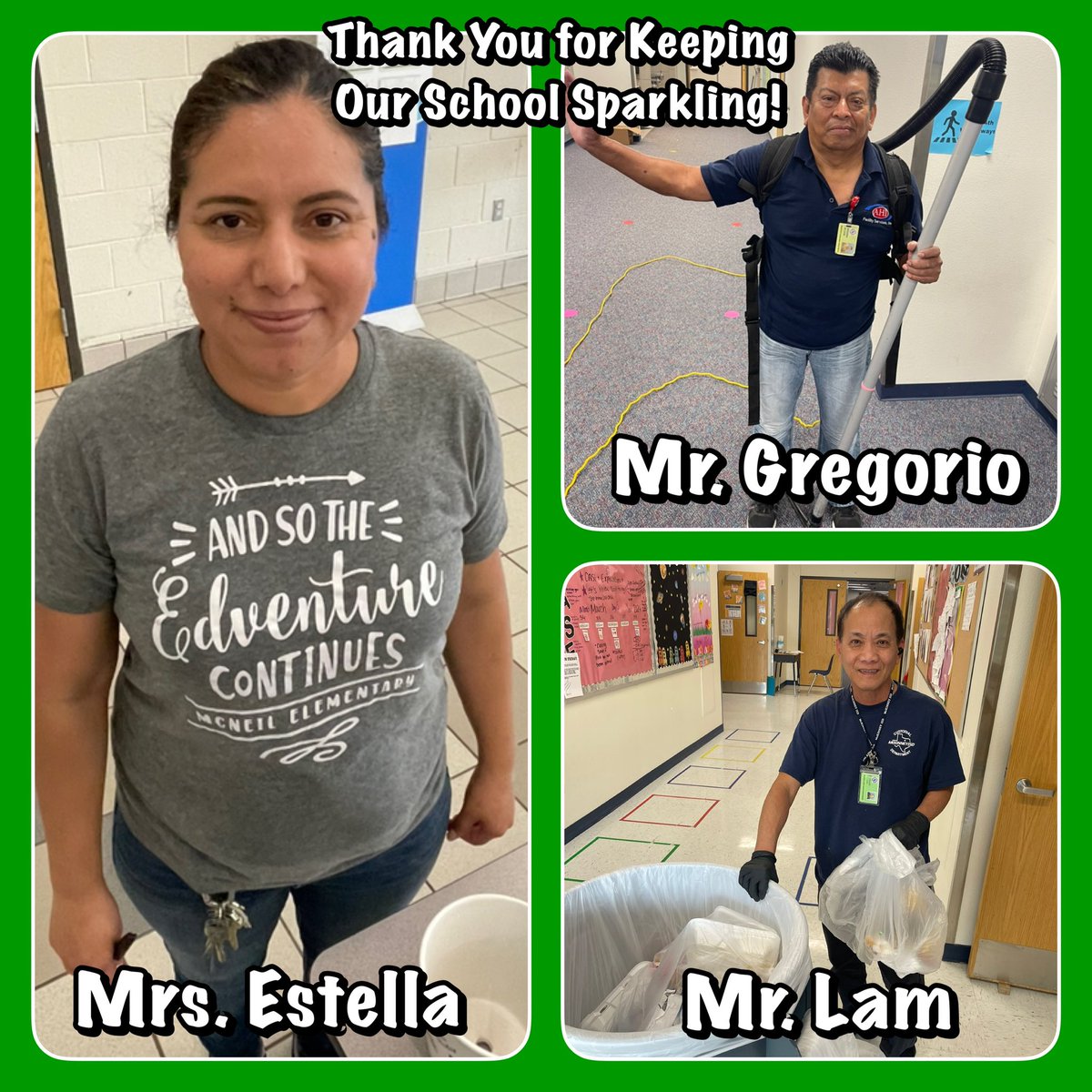 Kindness Shout Out Day Three, our amazing custodians! They go above and beyond to make <a href="/McNeilElem/">McNeil Elementary</a> sparkle! ✨ ✨ Thank you for all you do! ❤️💙🐴