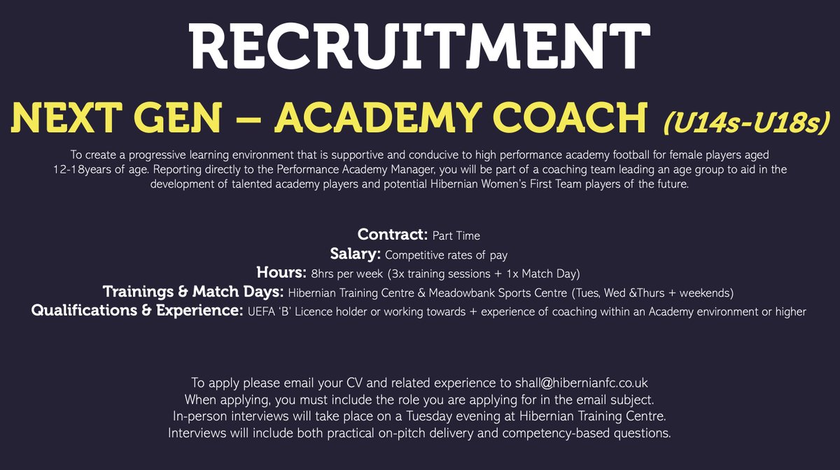 COACH RECRUITMENT 📚⚽️ We have an exciting opportunity to join our Next Gen Coaching Team. If you would like more information on the role or would like to apply email shall@hibernianfc.co.uk Closing Date: Monday 25th March at 5.00pm 💚⚽️🇳🇬