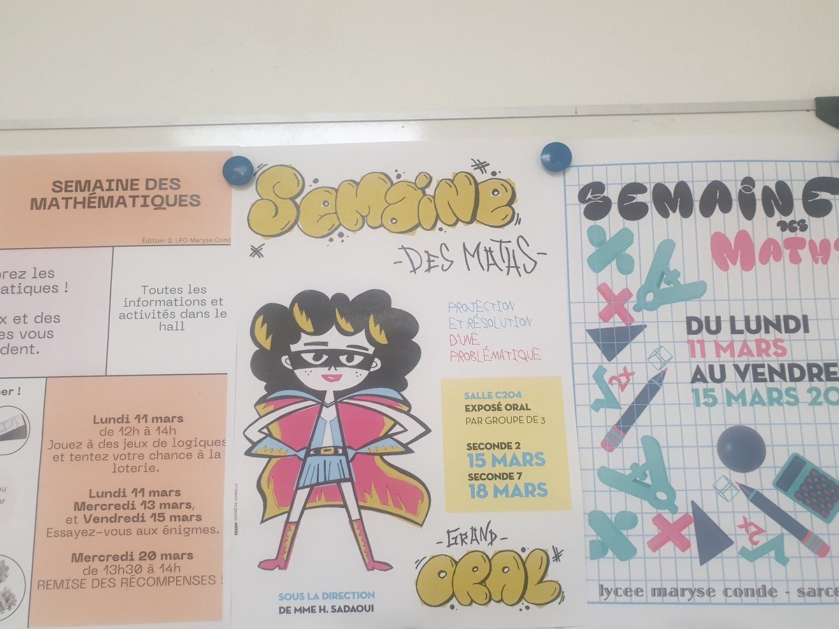 GermePatricia's tweet image. Au @LPOMaryseConde  l'équipe de #Maths prépare la #SemaineDesMaths : énigmes, courses aux nombres, oraux #2nde ...et la visite de la Maison Poincaré 
Bravo à la synergie de tous et merci à M.Blanchet prof Arts appliqués pour les affiches toujours si créatives 
Cc @AnneMENANT