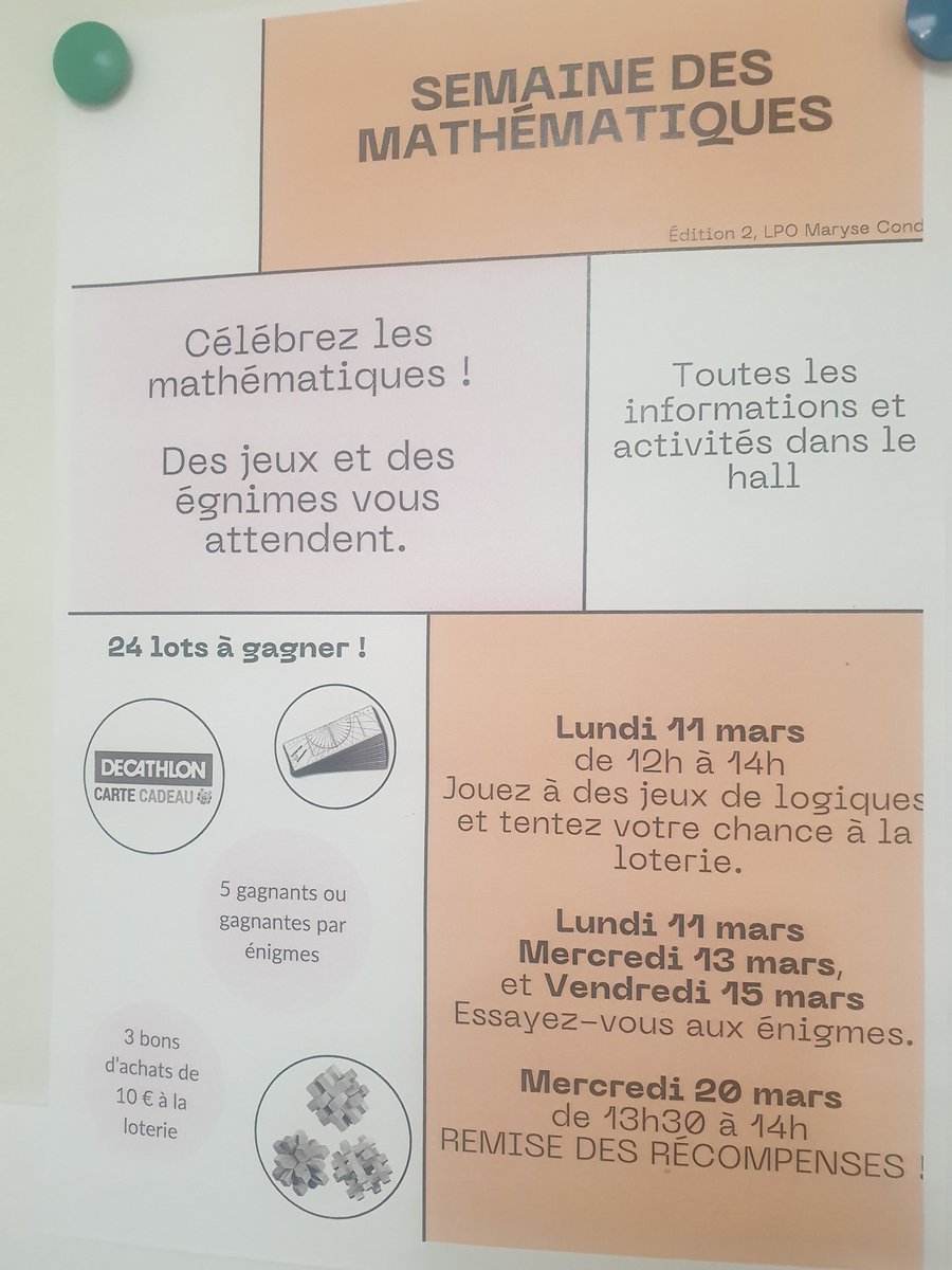 GermePatricia's tweet image. Au @LPOMaryseConde  l'équipe de #Maths prépare la #SemaineDesMaths : énigmes, courses aux nombres, oraux #2nde ...et la visite de la Maison Poincaré 
Bravo à la synergie de tous et merci à M.Blanchet prof Arts appliqués pour les affiches toujours si créatives 
Cc @AnneMENANT