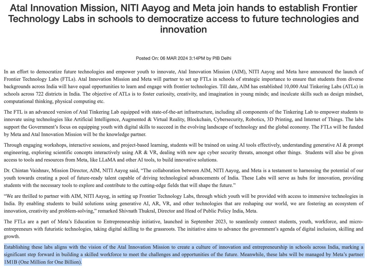 🌟 Bridging the Tech Divide! 💡@AIMtoInnovate, @NITIAayog & @Meta join forces to launch Frontier Technology Labs (FTLs) in schools across India, fostering innovation in #youth We're proud to partner with and manage these labs, empowering students with cutting-edge tech skills!…