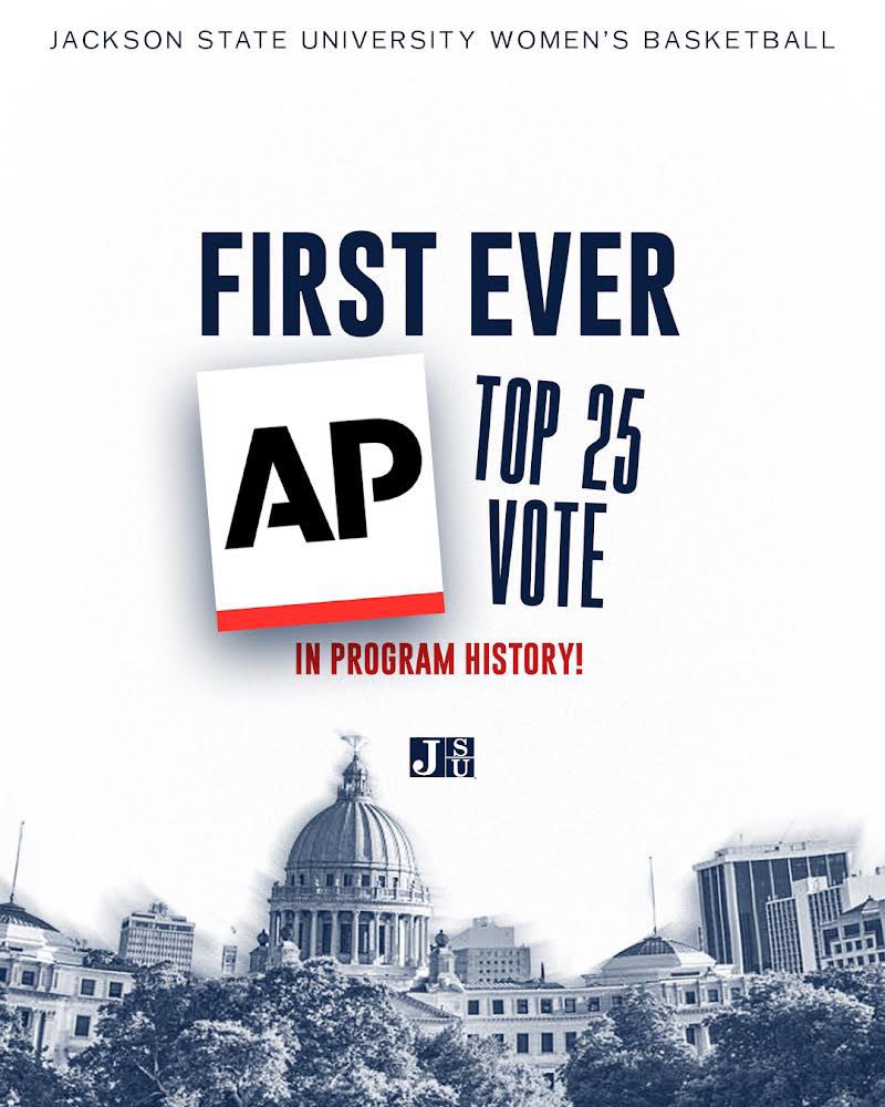 GoJSUTigersWBB's tweet photo. Knocking down walls‼️ For the first time in program history, the JSU Women’s Basketball team has received a vote in the AP Top 25 Poll!

#TheeILove | #SWACWBB | #GoJSUTigersWBB🐅 https://t.co/TaSmVrVZMv