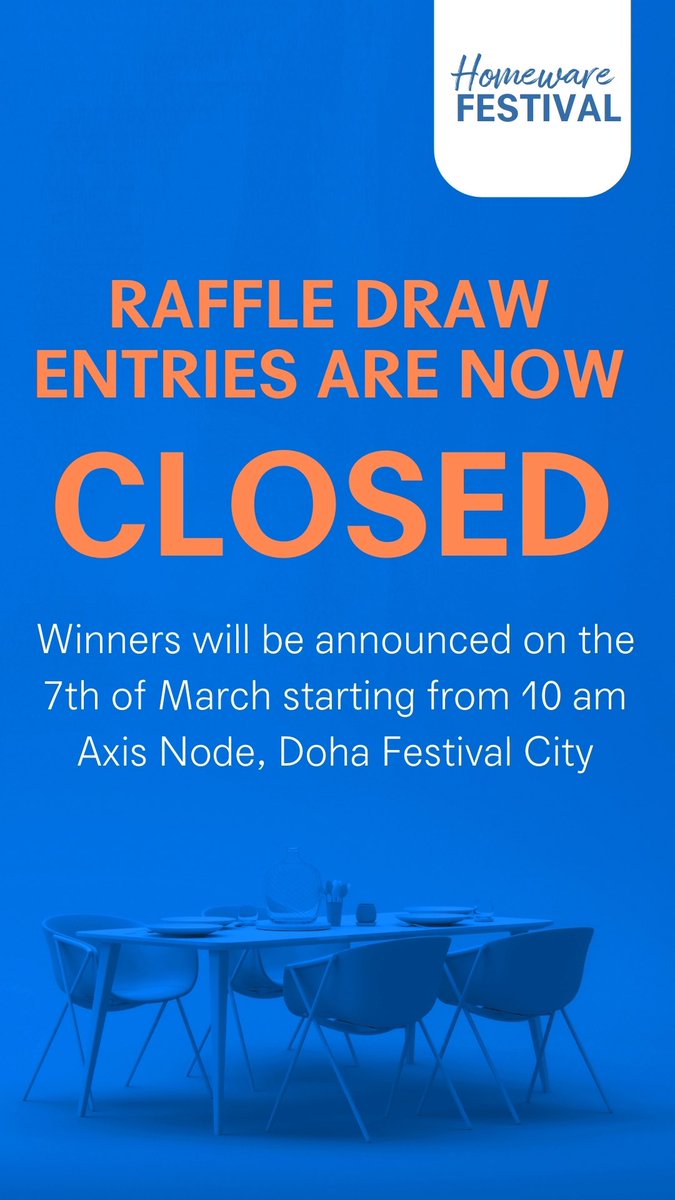 The raffle draw for Doha Festival City's Homeware Festival has ended. Thank you to everyone who participated. Stay tuned for the announcement of the winners! 🏆 #DohaFestivalCity #HomewareFestival