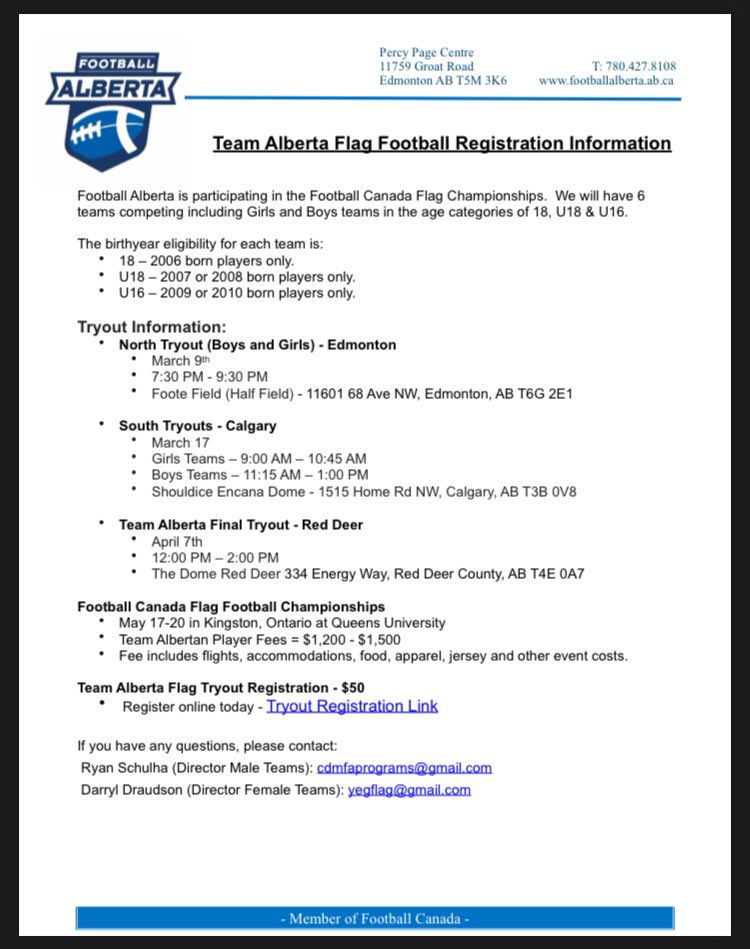 cdmfaexecdir's tweet image. Team Alberta Flag Football North Tryouts coming up on Saturday - looking for more 2006s for 18 Team. Visit: edmontonflag.com for info and registration link