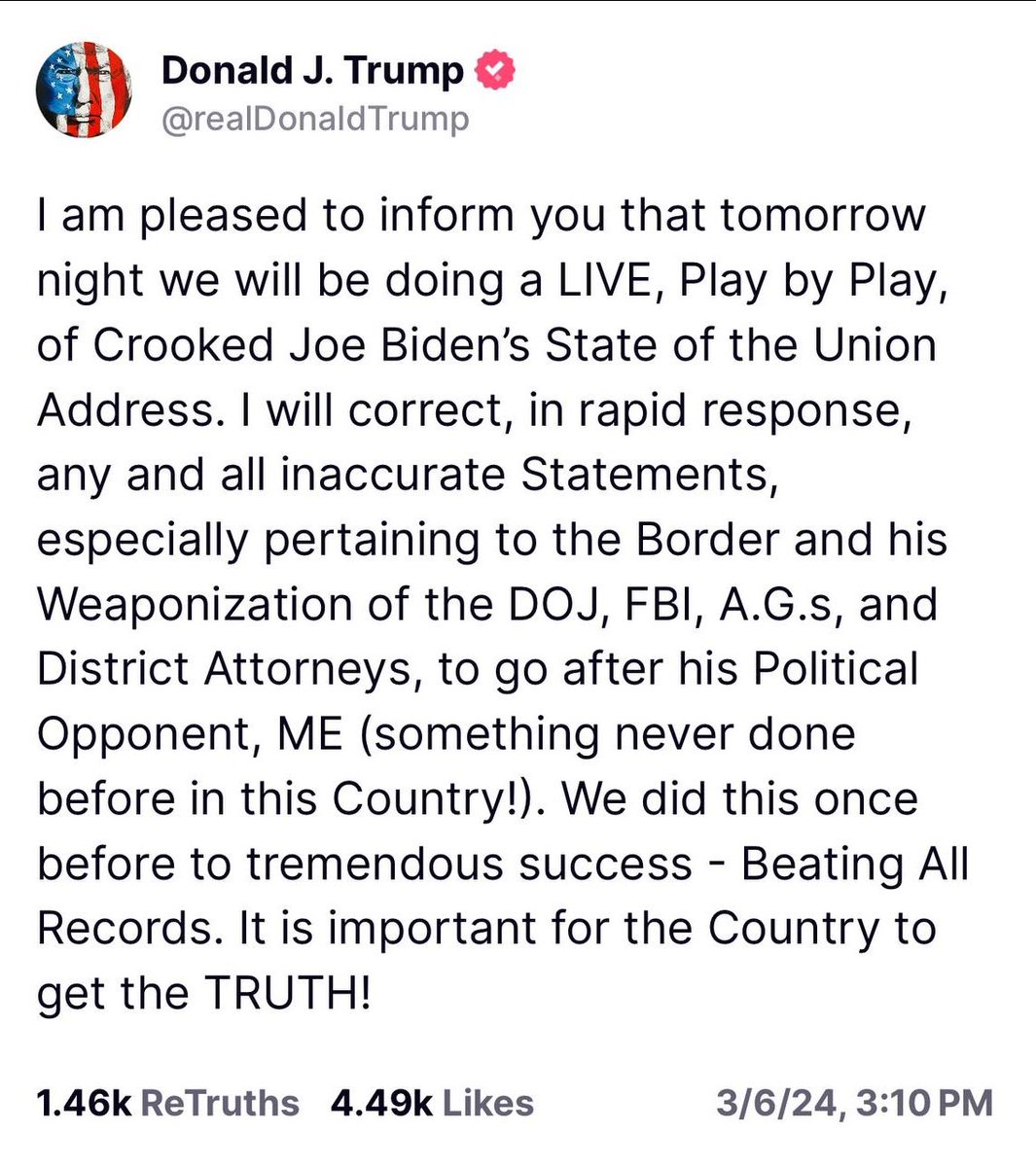 Bwahahaha!!!🤣🤣

Trump's gonna upstage the Cadaver in Chief AGAIN!!!😂👇🏼

I FREAKING LOVE THIS DUDE!!!

Y'all share this far and wide!!  I'd love to see everyone watching the play by play and almost nobody watching the SOTU!!!😆

🇺🇸🔥Trump2024🔥🇺🇸