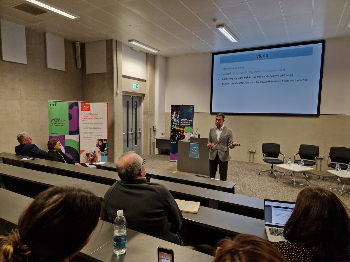 Extremely interesting Inaugural Lecture at <a href="/DCU_IoE/">DCU Institute of Education</a> on 'Educational assessment and artificial intelligence' by Professor <a href="/ernestopanadero/">Ernesto Panadero</a>. Great news increasing collaboration between Universities and researchers 🇪🇸 and 🇮🇪
<a href="/IUAofficial/">Irish Universities Assoc.</a> <a href="/DCU/">Dublin City University</a> <a href="/CrueUniversidad/">Crue Universidades</a> <a href="/asesoria_dublin/">Asesoría Dublín</a>
