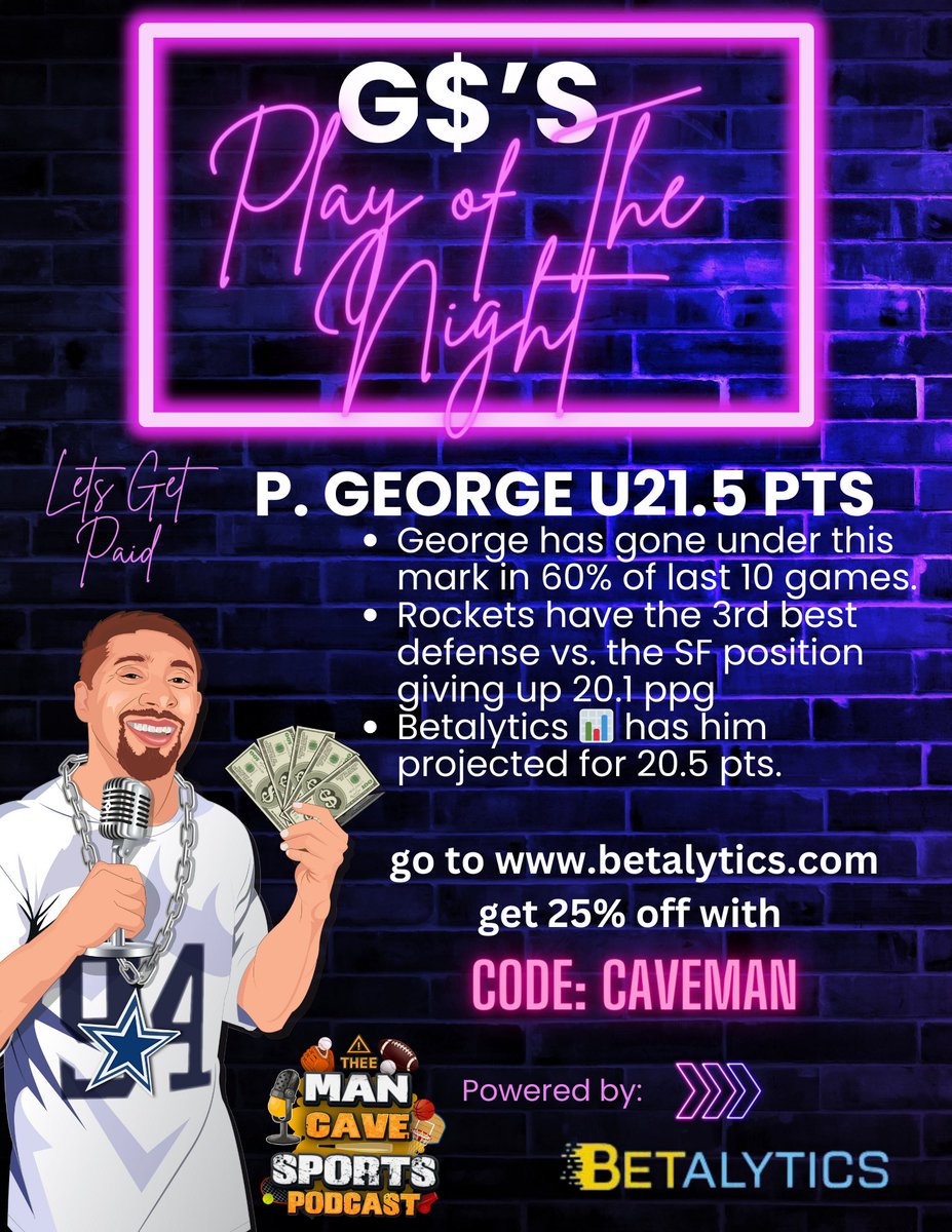 GMoneyCaveMan's tweet photo. Letβs get 2 in a row and then we can start talking streaks πͺπ―. Get with me and @BetalyticsInc
Totals at 37-25 (59% win rate)
Go to https://t.co/oXlnW1656O
Code:CAVEMAN
25% off any subscription
#GamblingX #GambingTwitter #PlayerPropBets #BettingX #Defense #NBAΒ #POTN #Rockets https://t.co/54udU6axG9