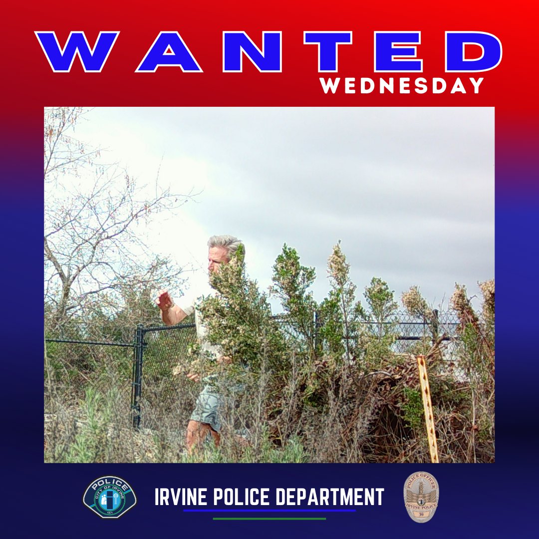 Irvine Police Department (@irvinepolice) on Twitter photo We are trying to identify this man who has been damaging and disabling advanced wildfire detection equipment in the open space near Lake Forest and Bake Parkway. If you have information, please email ipdpio@cityofirvine.org. We are trying to identify this man who has been damaging and disabling advanced wildfire detection equipment in the open space near Lake Forest and Bake Parkway. If you have information, please email ipdpio@cityofirvine.org.