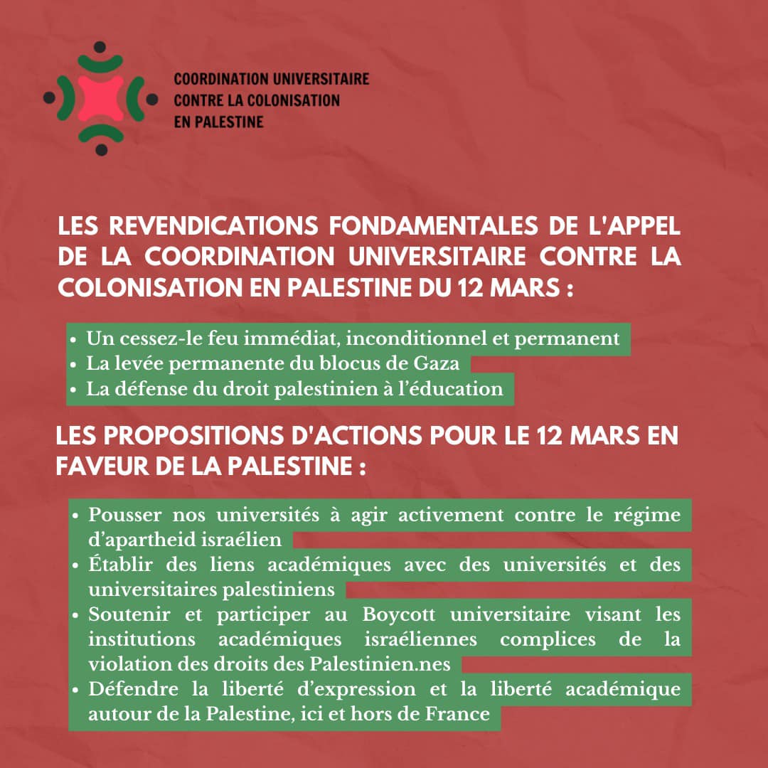 CPalestine30925's tweet photo. Le 12 mars ! Exigeons un cessez-le-feu immédiat, la levée du blocus de Gaza et le respect du droit à l'éducation. Agissons pour la justice : plaidons contre l'apartheid, soutenons les partenariats académiques et défendons la liberté d'expression. #EndIsraelsGenocide 🌍✊ https://t.co/OePpdqmydc