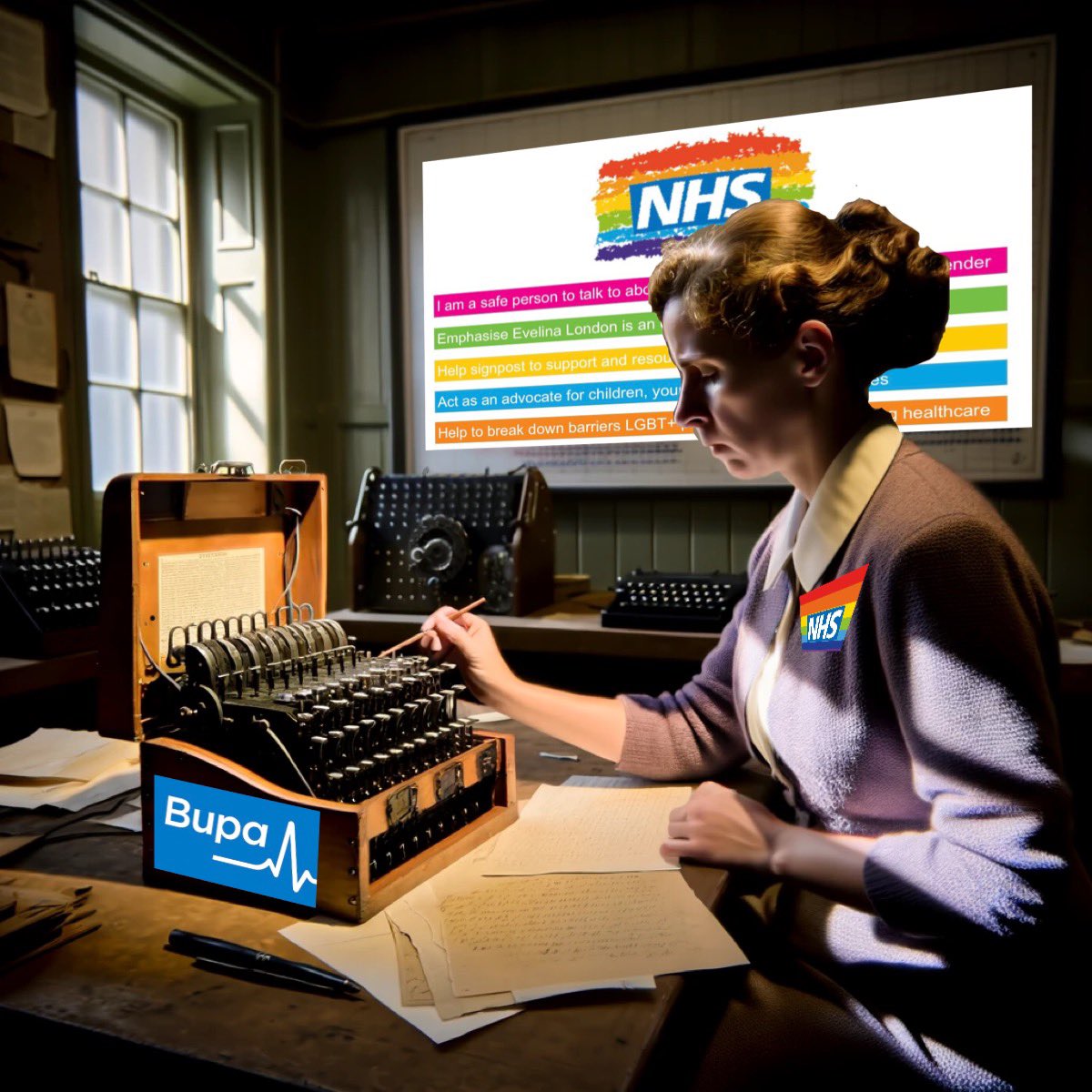 A codebreaker at the Bletchley Park NHS Foundation Trust decrypts an enemy message using a captured Enigma Machine: